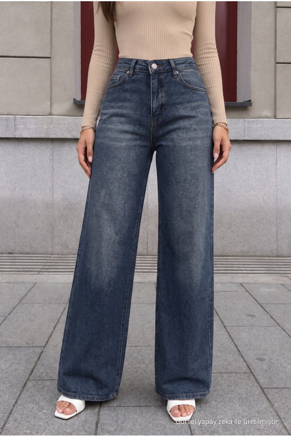 Navy Blue Effect Faded Effect Vintage High Waist Wide Leg Jeans with Lycra - MALLTURK