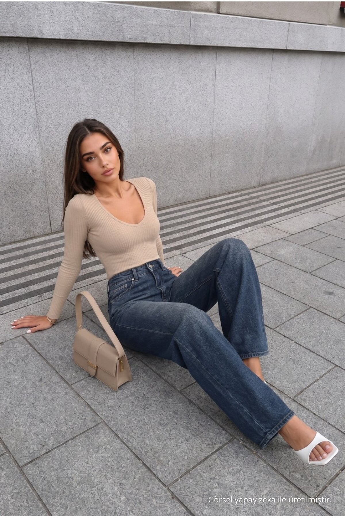 Navy Blue Effect Faded Effect Vintage High Waist Wide Leg Jeans with Lycra - MALLTURK