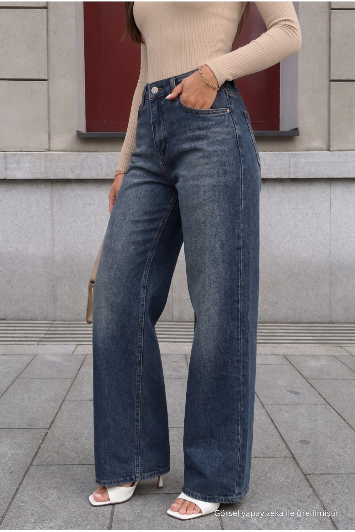 Navy Blue Effect Faded Effect Vintage High Waist Wide Leg Jeans with Lycra - MALLTURK
