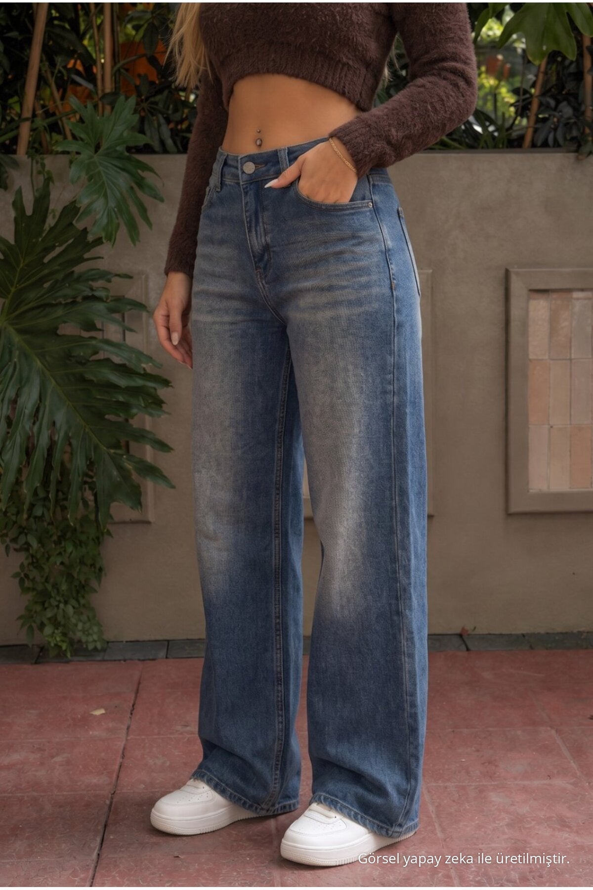 Navy Blue Effect Vintage High Waist Wide Leg Jeans with Lycra - MALLTURK