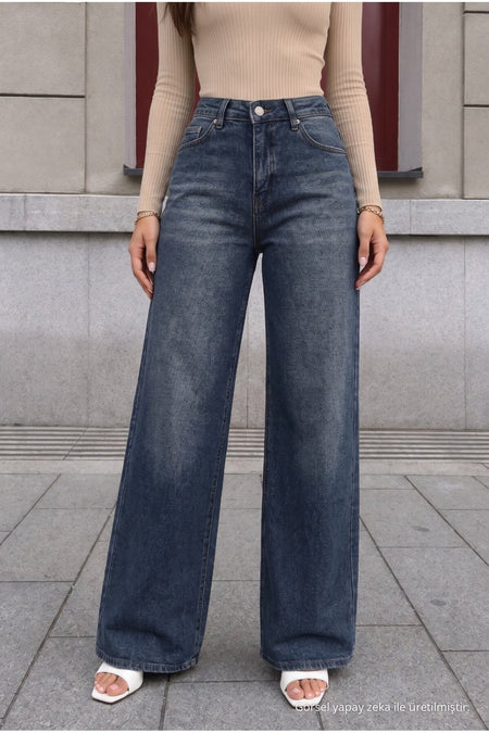 Navy Blue Faded Effect Vintage High Waist Wide Leg Jeans with Lycra - MALLTURK
