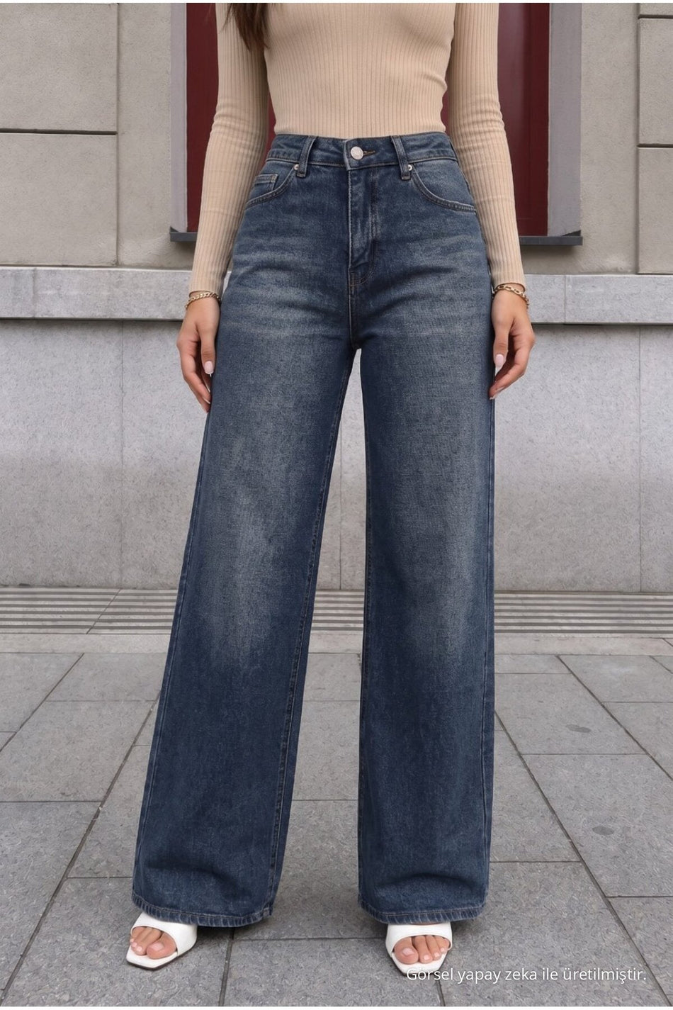 Navy Blue Faded Effect Vintage High Waist Wide Leg Jeans with Lycra - MALLTURK