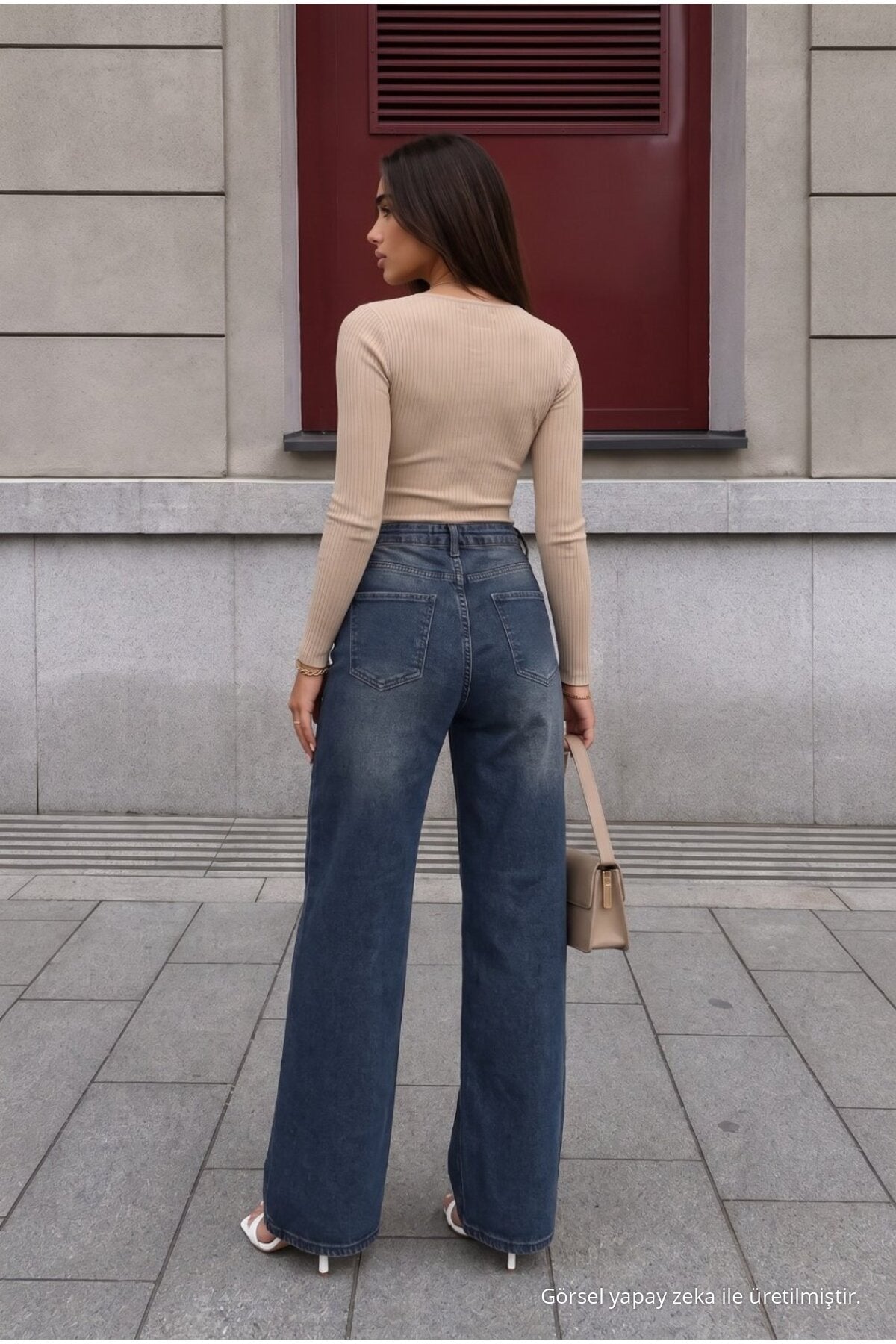 Navy Blue Faded Effect Vintage High Waist Wide Leg Jeans with Lycra - MALLTURK