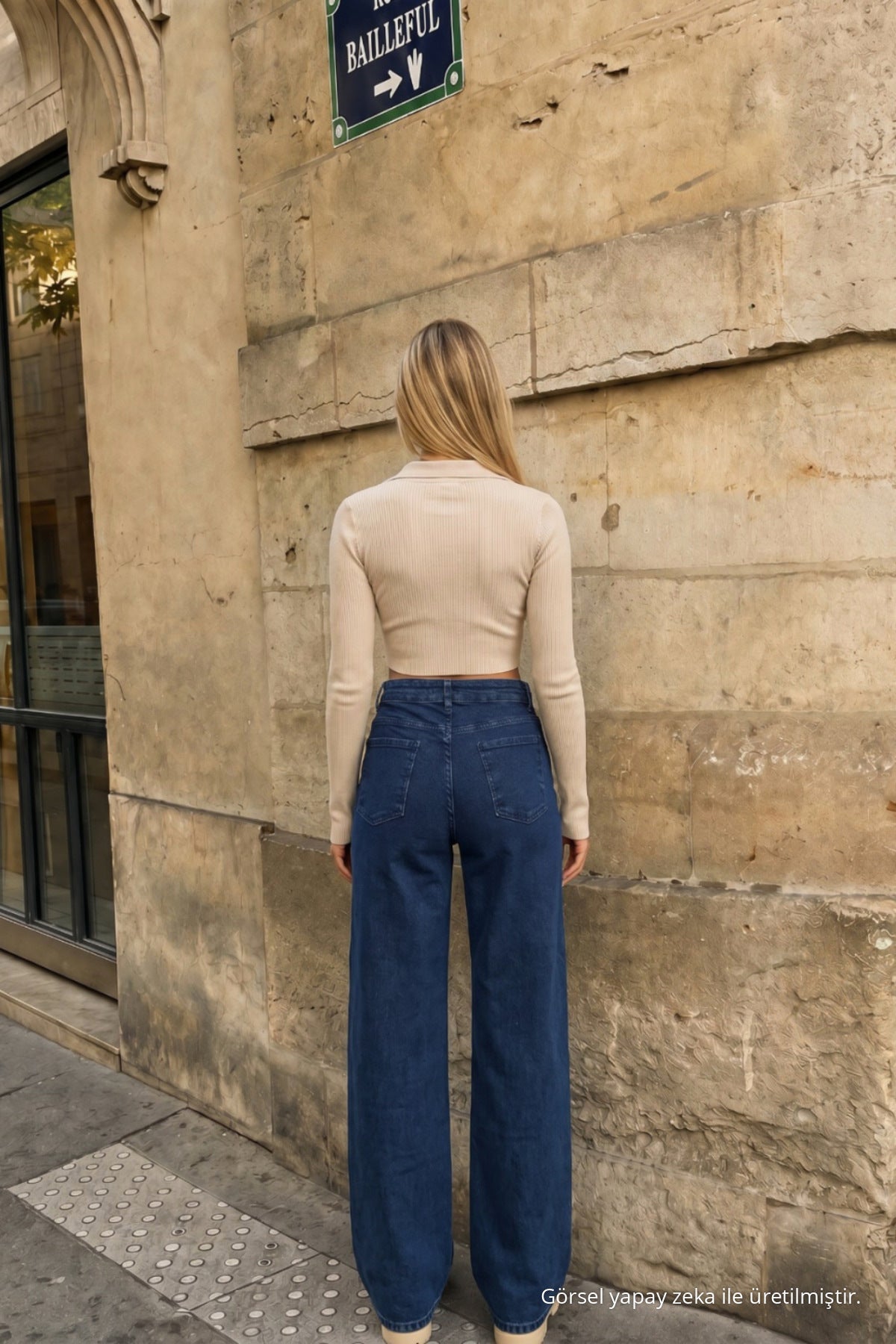Navy Blue High Waist Wide Leg Palazzo Jeans - MALLTURK