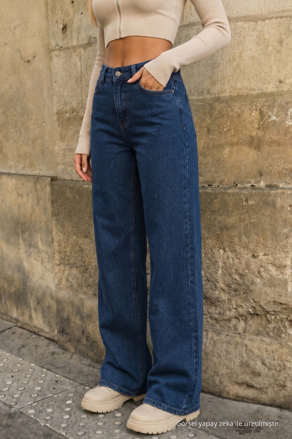 Navy Blue High Waist Wide Leg Palazzo Jeans - MALLTURK