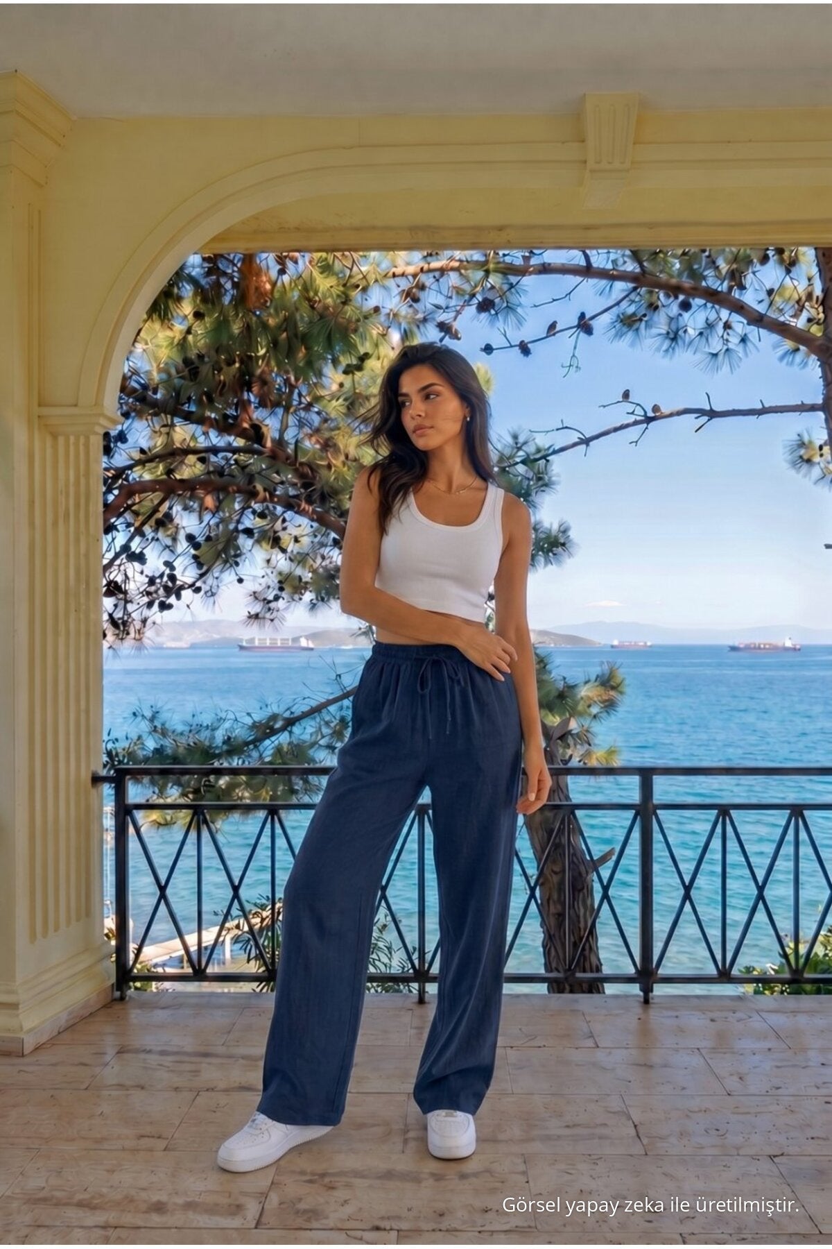 Navy Blue Linen Blend Loose Fit Elastic Waist Trousers - MALLTURK