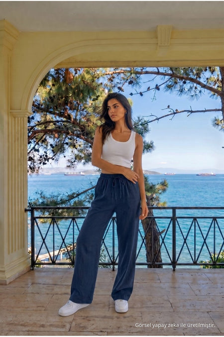 Navy Blue Linen Blend Loose Fit Elastic Waist Trousers - MALLTURK