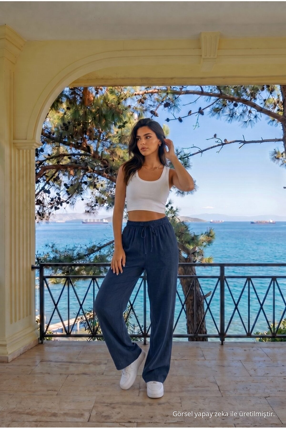 Navy Blue Linen Blend Loose Fit Elastic Waist Trousers - MALLTURK