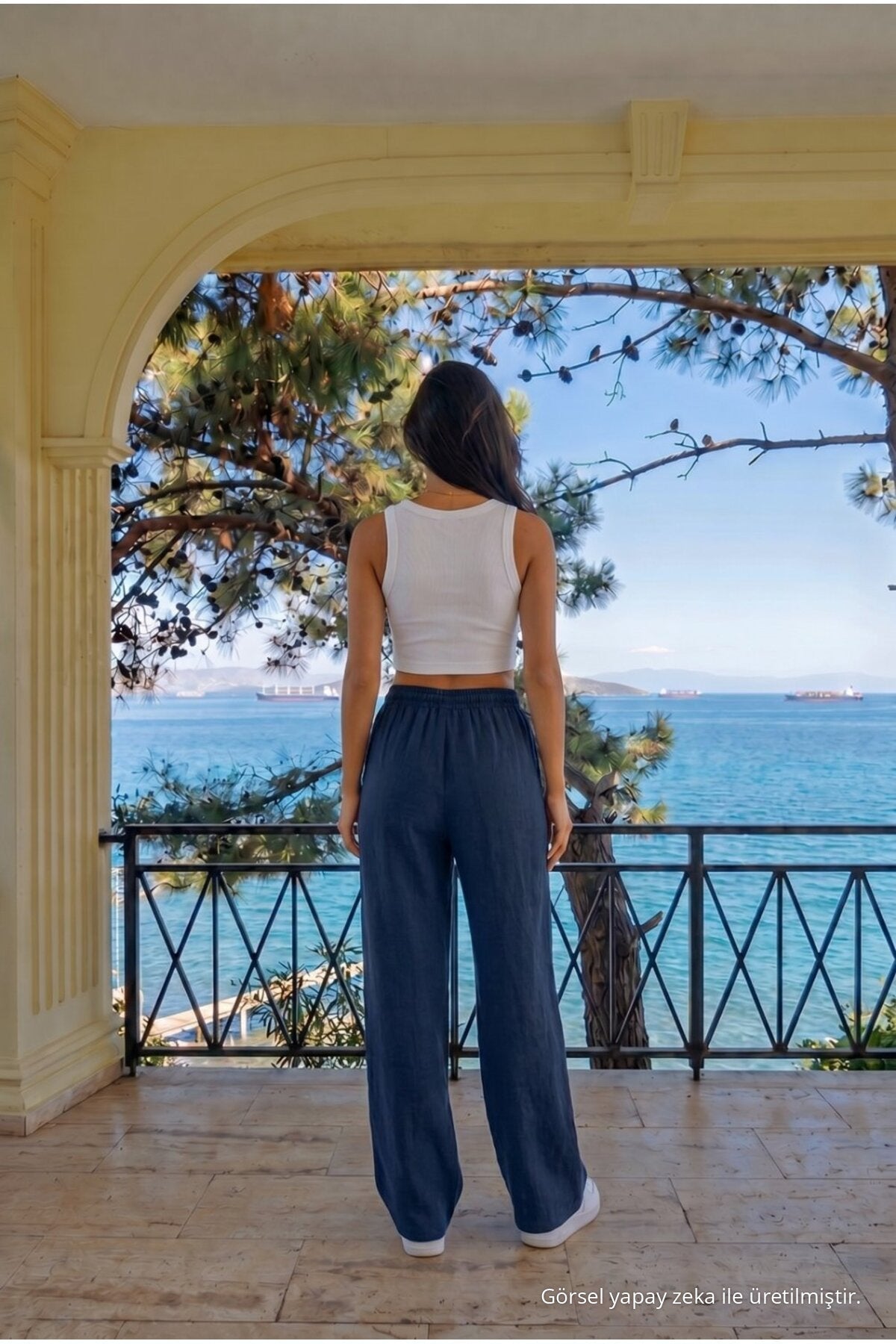 Navy Blue Linen Blend Loose Fit Elastic Waist Trousers - MALLTURK