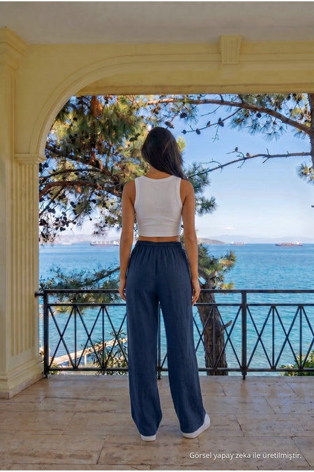 Navy Blue Linen Blend Loose Fit Elastic Waist Trousers - MALLTURK
