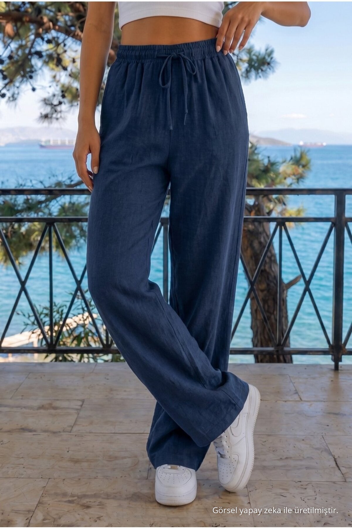 Navy Blue Linen Blend Loose Fit Elastic Waist Trousers - MALLTURK