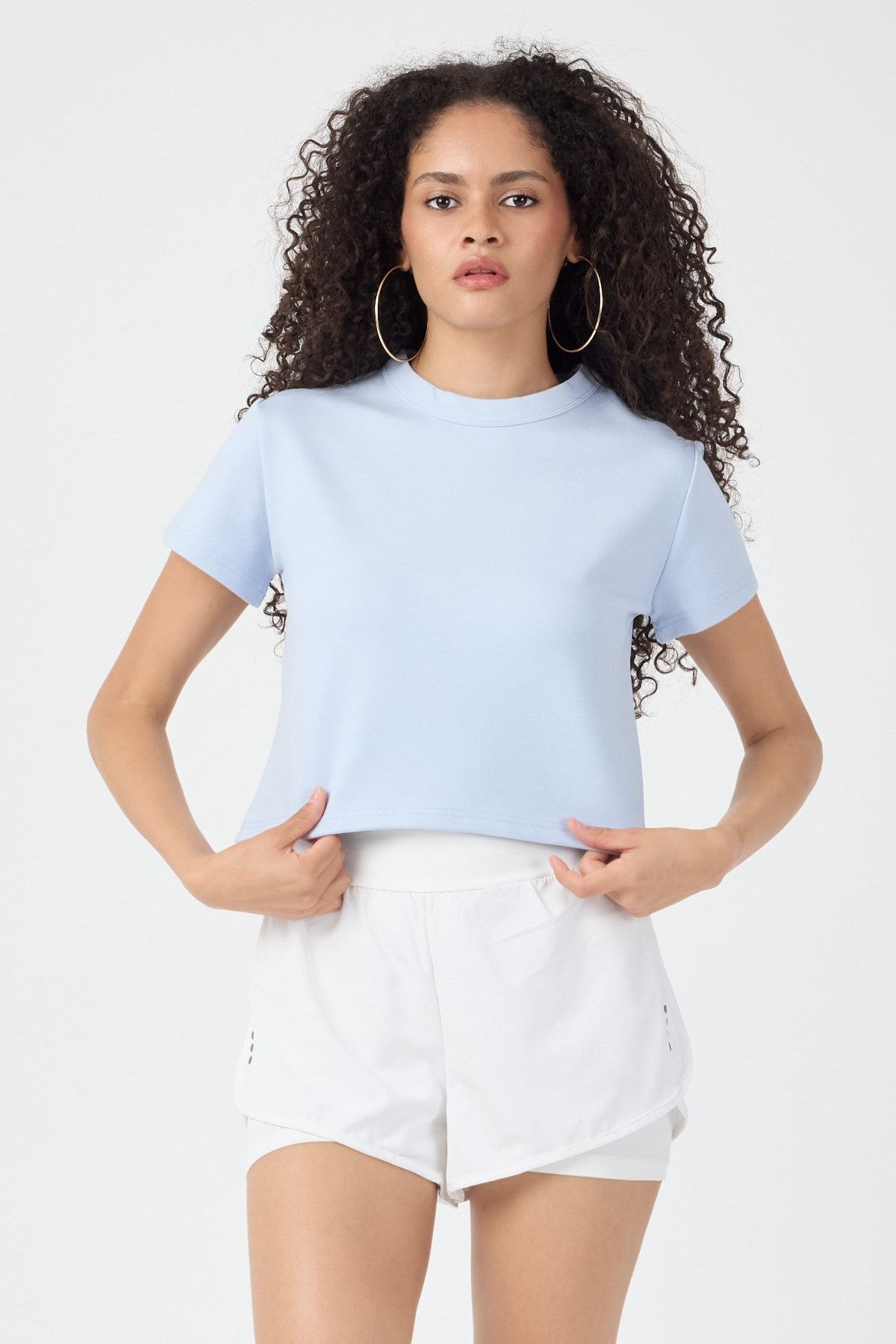 Normal Kalıp Çelik Interlook Kumaş T-Shirt Kadın Açık Mavi T-sHİRT TBTSHRT030 - MALLTURK