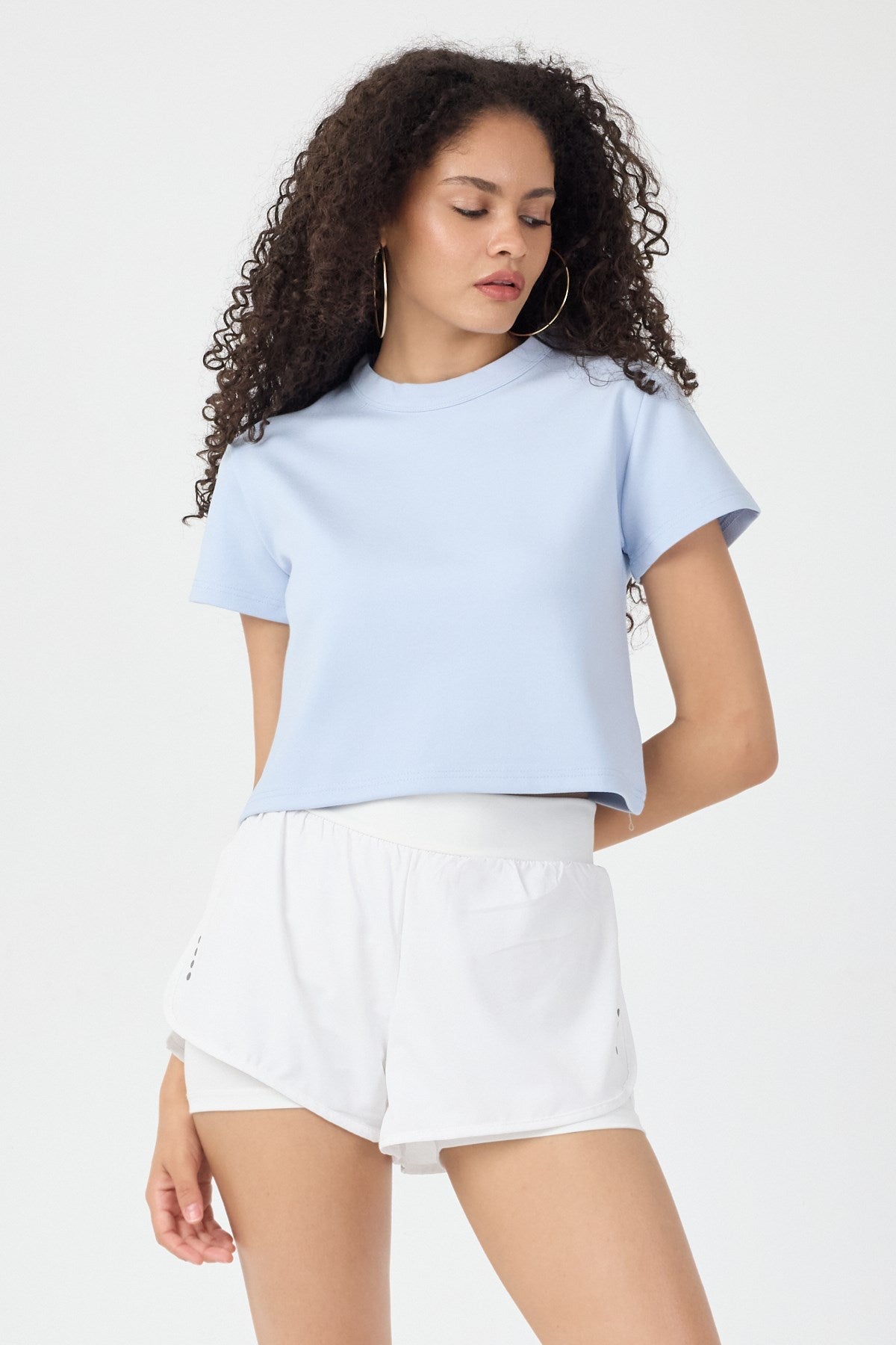 Normal Kalıp Çelik Interlook Kumaş T-Shirt Kadın Açık Mavi T-sHİRT TBTSHRT030 - MALLTURK
