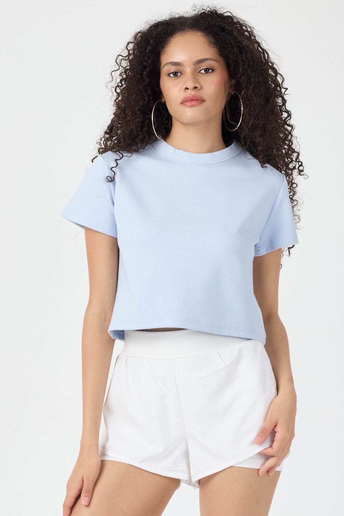 Normal Kalıp Çelik Interlook Kumaş T-Shirt Kadın Açık Mavi T-sHİRT TBTSHRT030 - MALLTURK