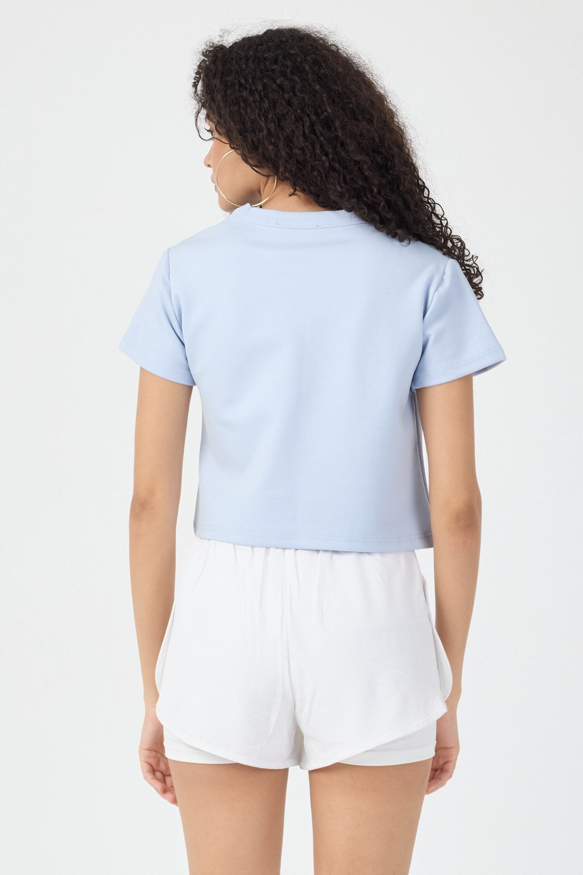 Normal Kalıp Çelik Interlook Kumaş T-Shirt Kadın Açık Mavi T-sHİRT TBTSHRT030 - MALLTURK