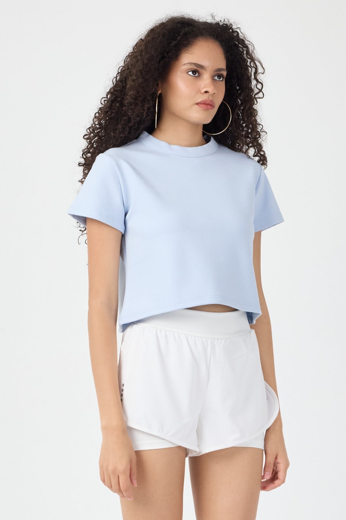 Normal Kalıp Çelik Interlook Kumaş T-Shirt Kadın Açık Mavi T-sHİRT TBTSHRT030 - MALLTURK
