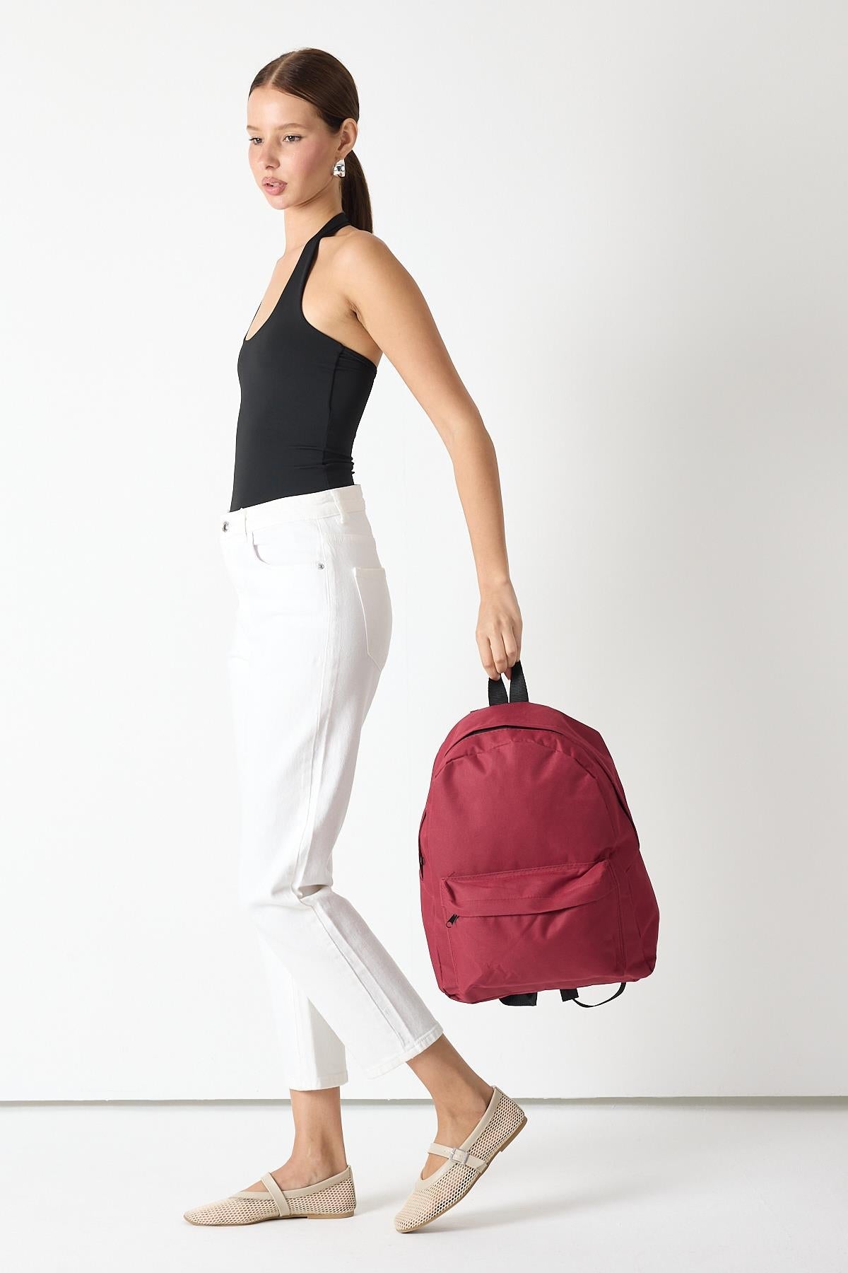 Önü Fermuarlı İki Bölmeli Unisex Bordo Sırt Çantası TBPWCNT025 - MALLTURK