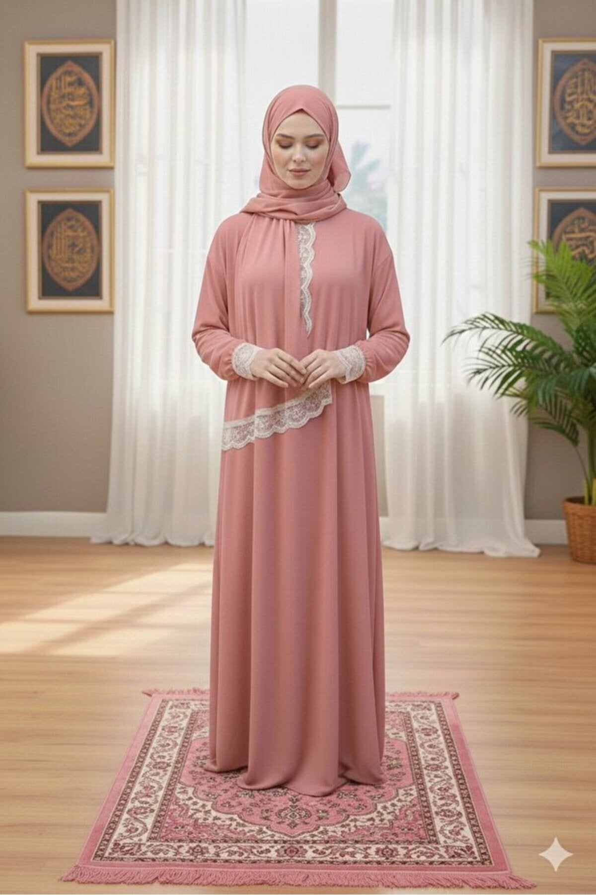 One Piece Prayer Dress with Shawl and Lace, Elasticized Cuffs - MALLTURK