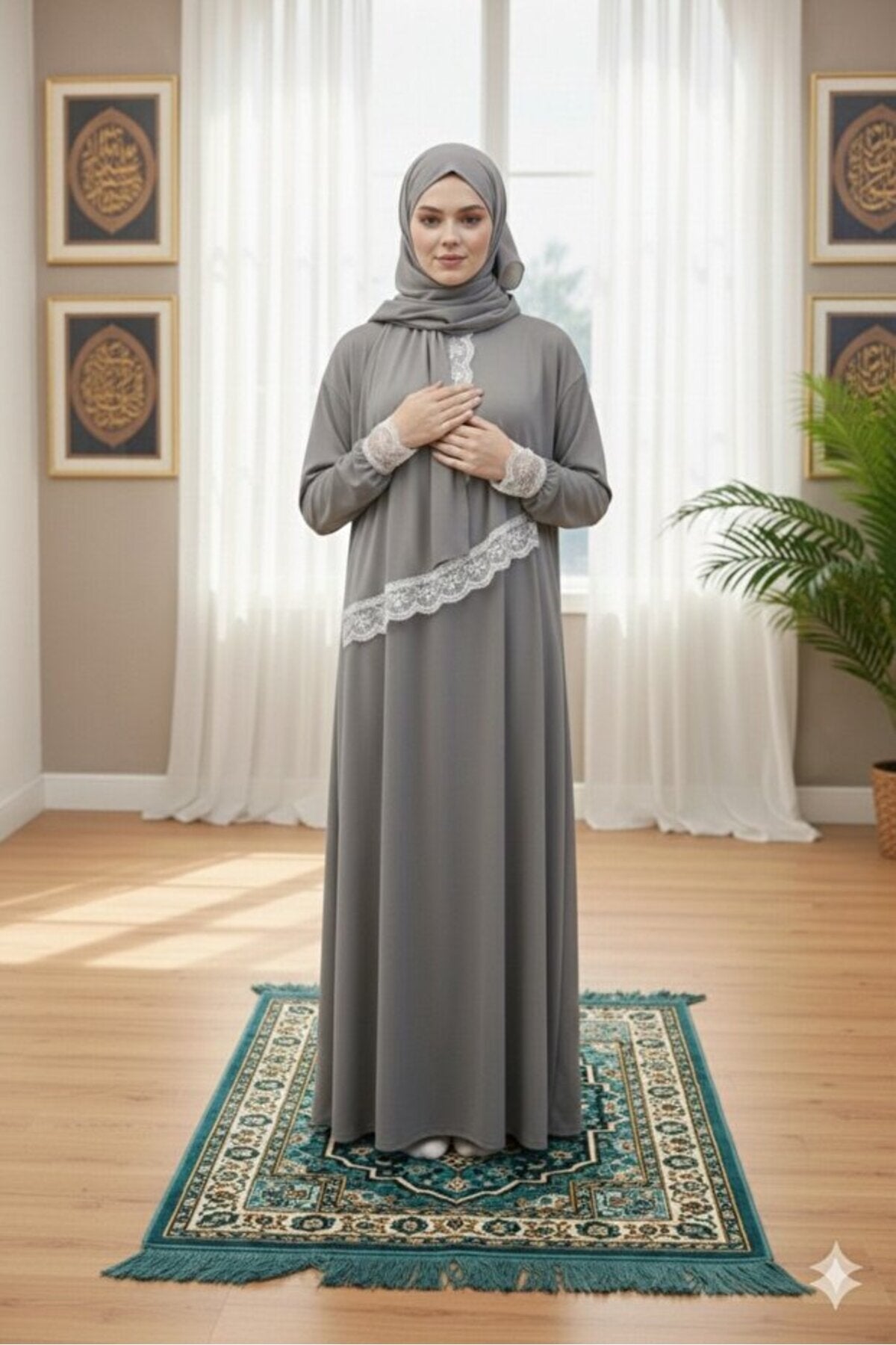 One Piece Prayer Dress with Shawl and Lace, Elasticized Cuffs - MALLTURK