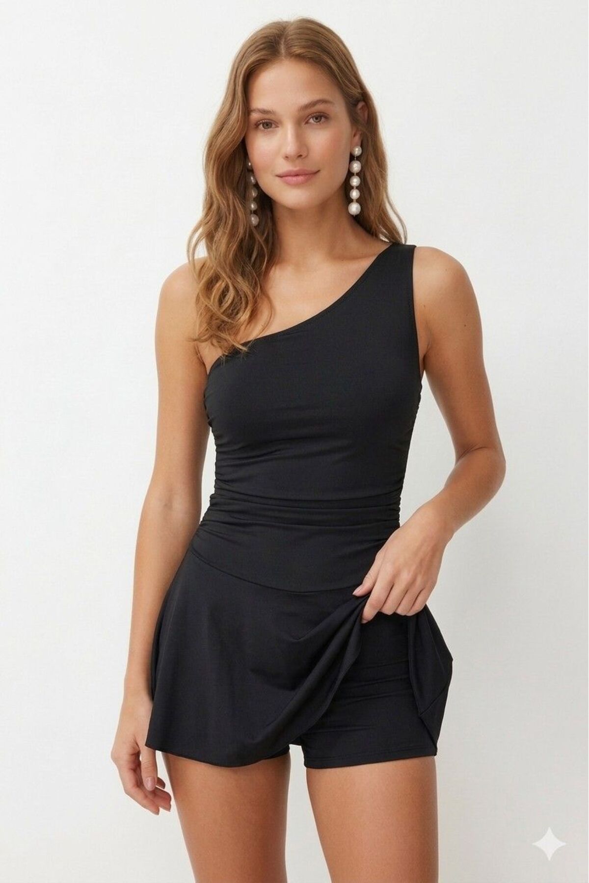 One-Shoulder Swimsuit with Shorts and Drawstring Detail, with Chest Pads, for Pool/Sea - MALLTURK