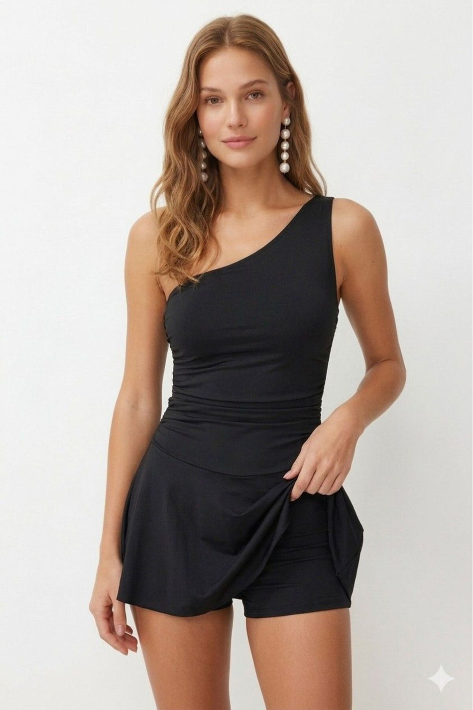 One-Shoulder Swimsuit with Shorts and Drawstring Detail, with Chest Pads, for Pool/Sea - MALLTURK