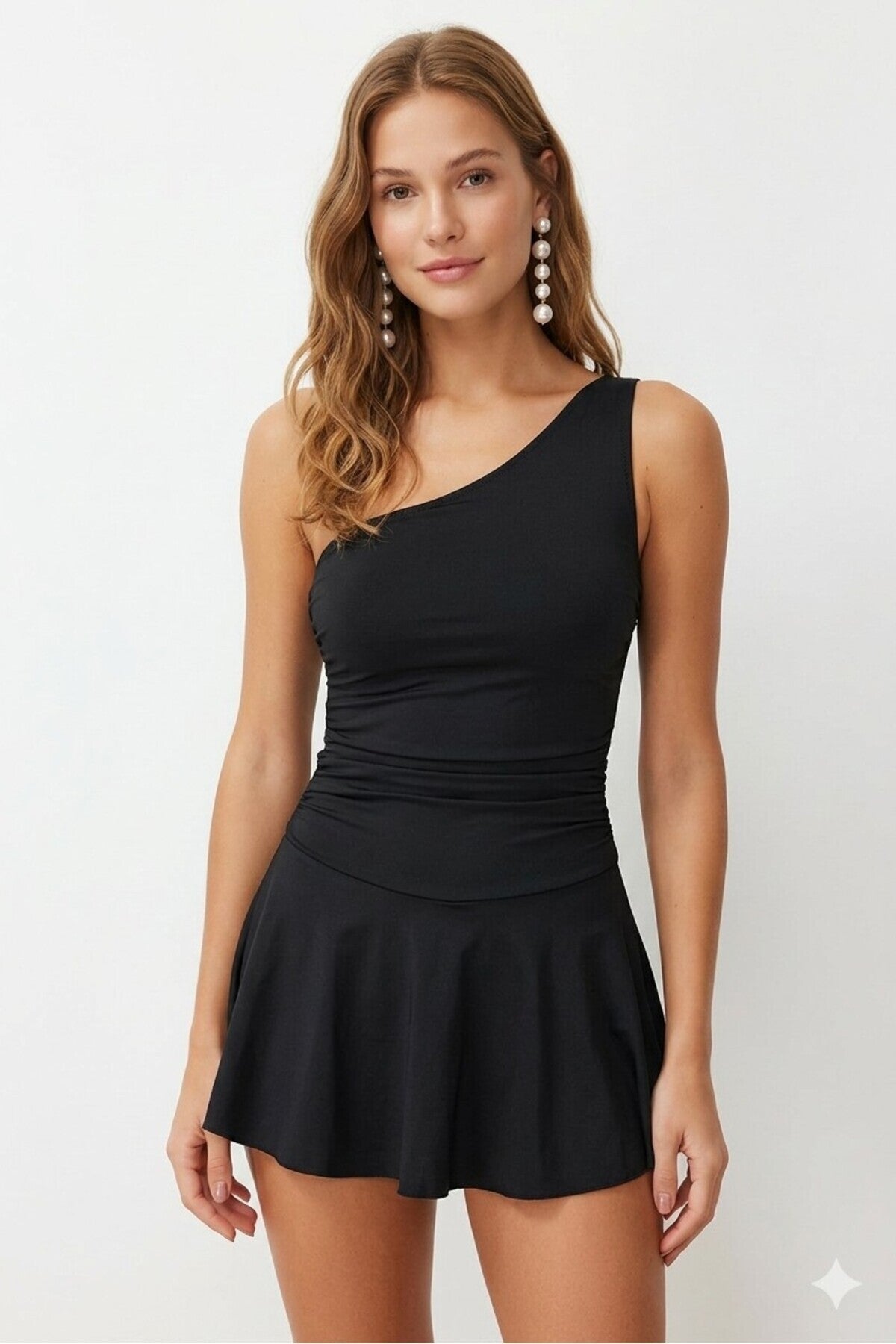 One-Shoulder Swimsuit with Shorts and Drawstring Detail, with Chest Pads, for Pool/Sea - MALLTURK