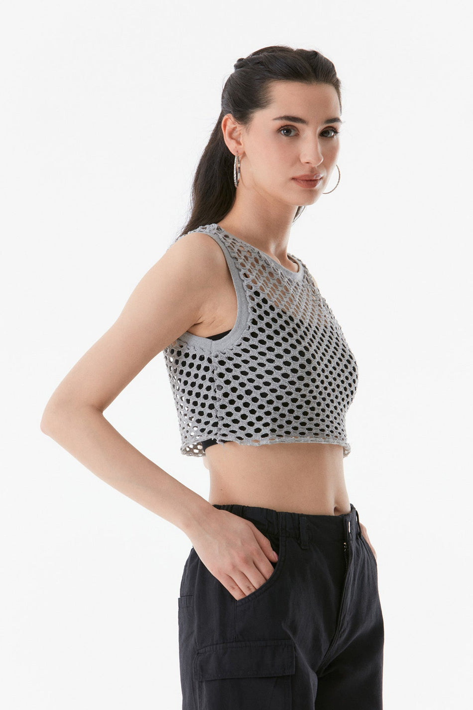 Openwork Crew Neck Crop Blouse - MALLTURK