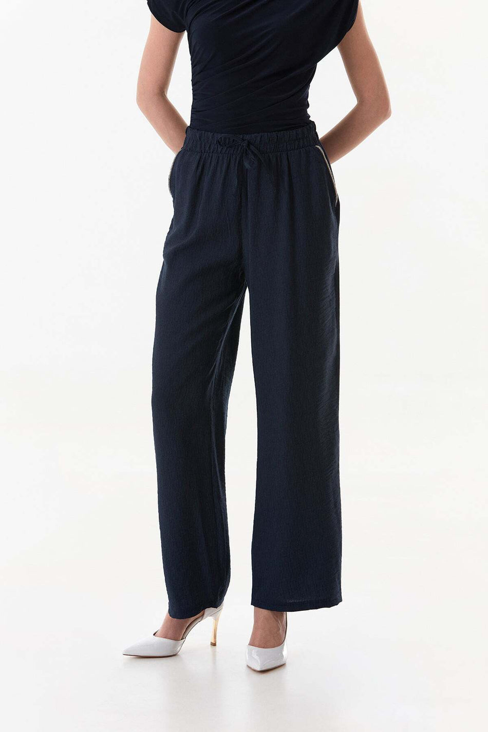 Palazzo Trousers with Pocket Stone Detail and Elastic Waist - MALLTURK