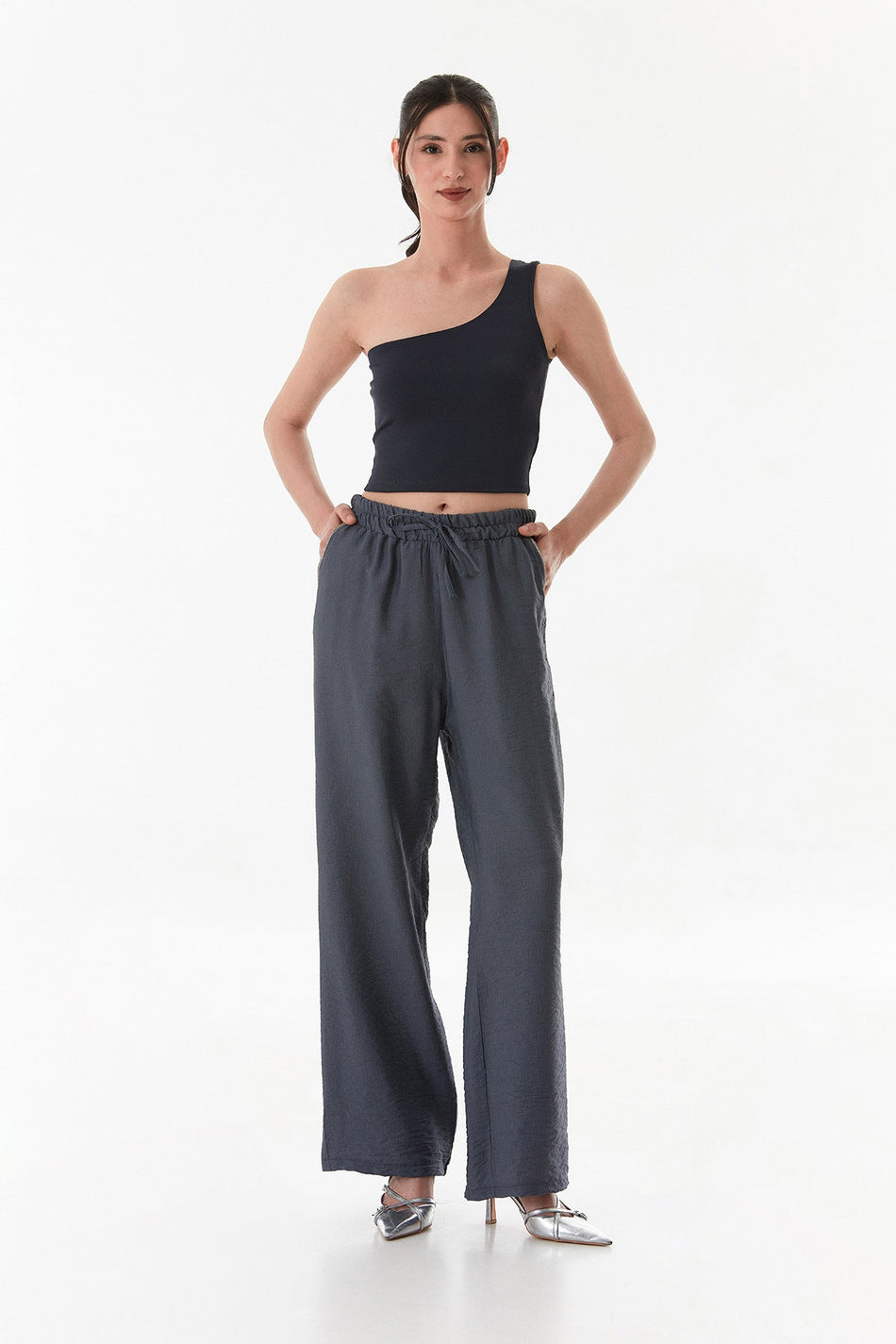Palazzo Trousers with Pocket Stone Detail and Elastic Waist - MALLTURK