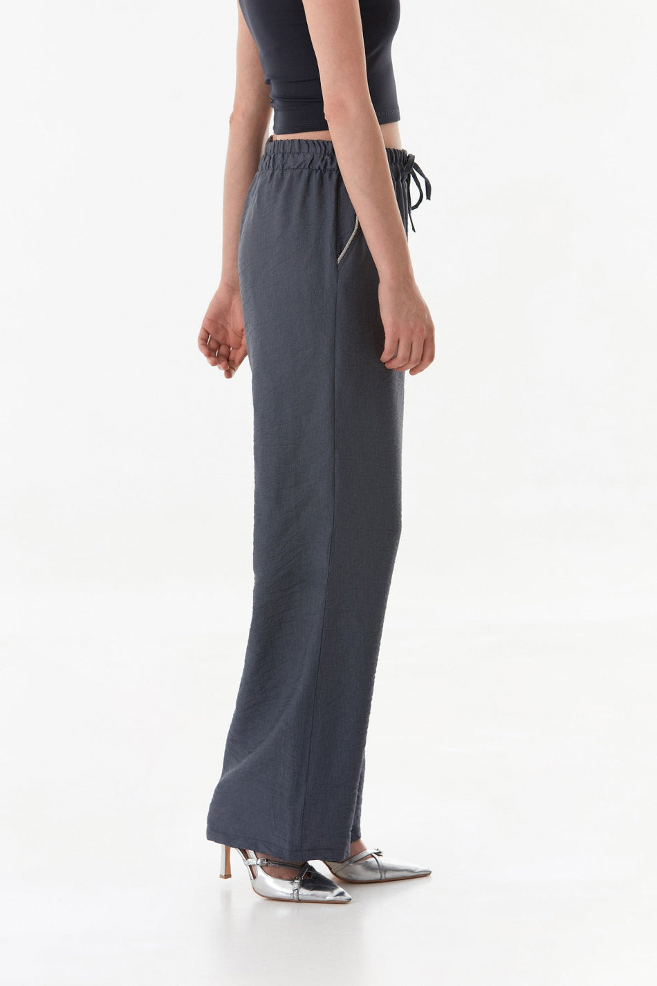 Palazzo Trousers with Pocket Stone Detail and Elastic Waist - MALLTURK