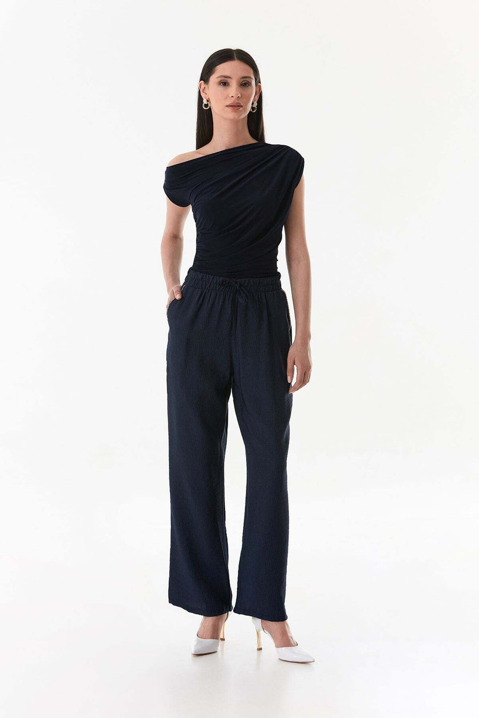 Palazzo Trousers with Pocket Stone Detail and Elastic Waist - MALLTURK