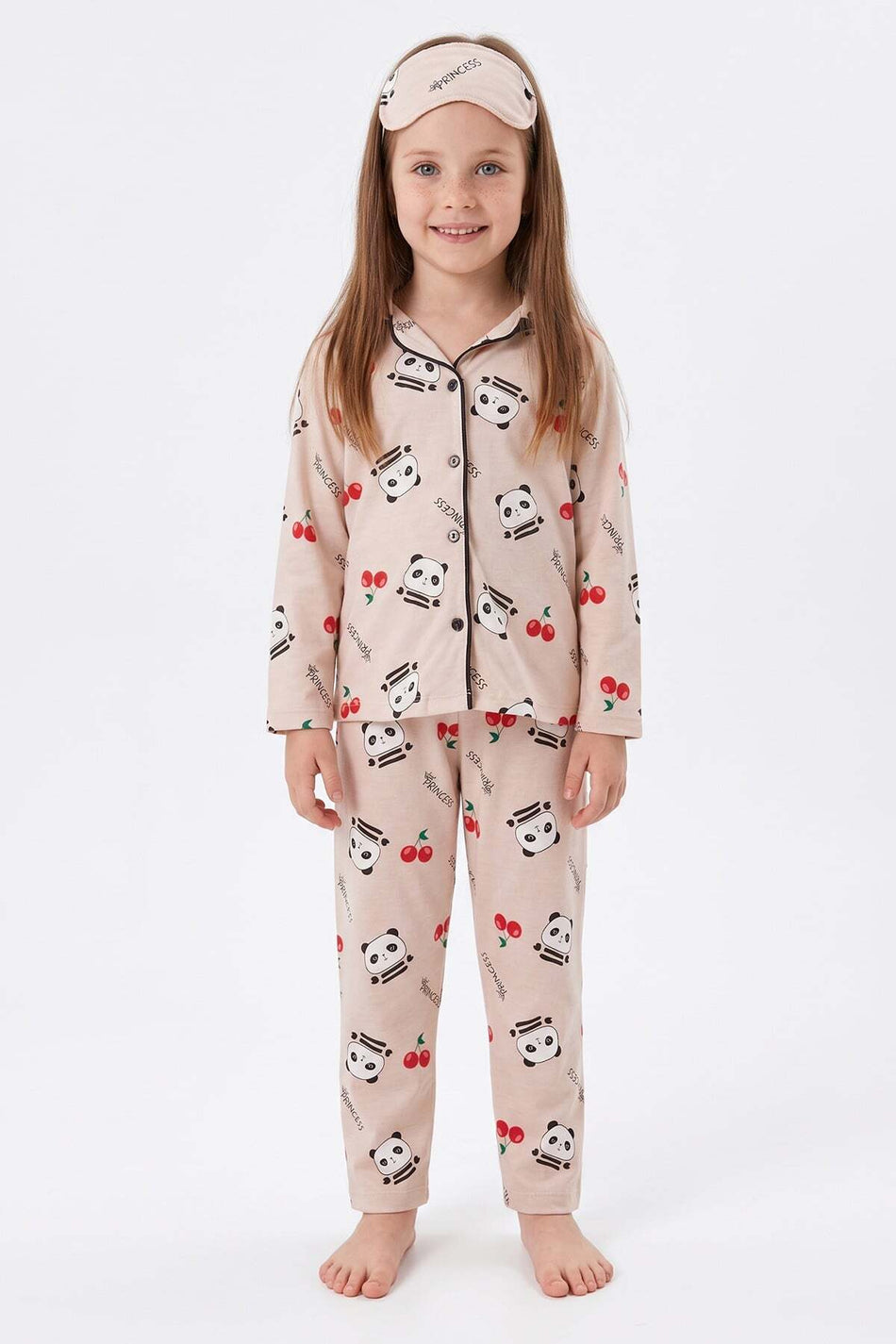 Panda Printed Girls' 3-Piece Pajama Set with Sleeping Band - MALLTURK