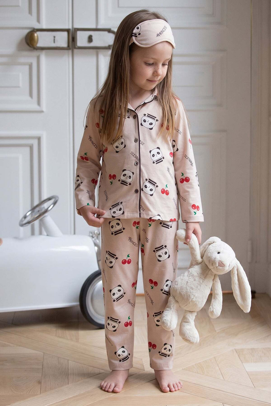 Panda Printed Girls' 3-Piece Pajama Set with Sleeping Band - MALLTURK