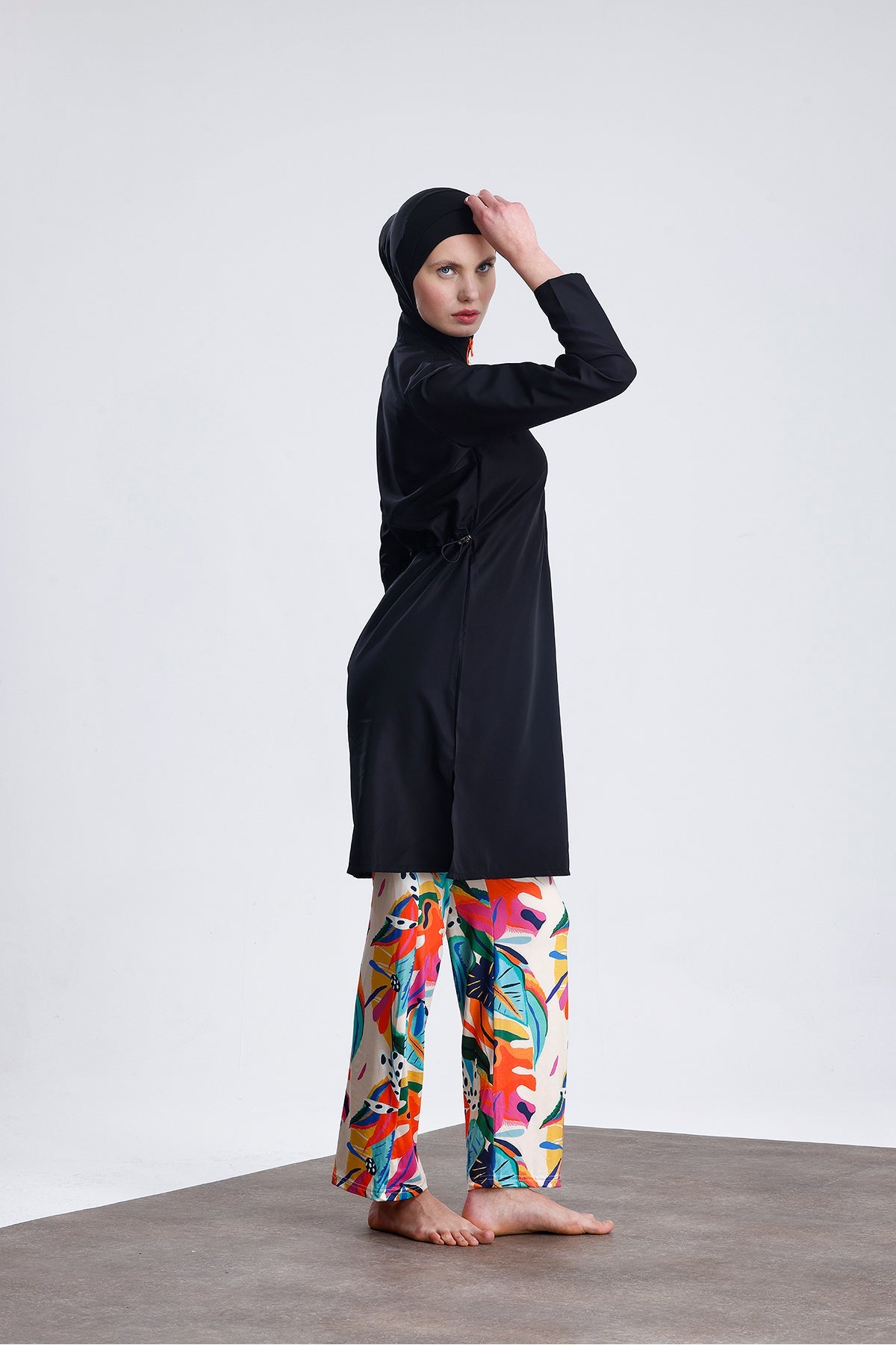 Parachute Fabric Zippered Hijab Swimsuit Patterned Stretch Fabric Pants Water Repellent - MALLTURK