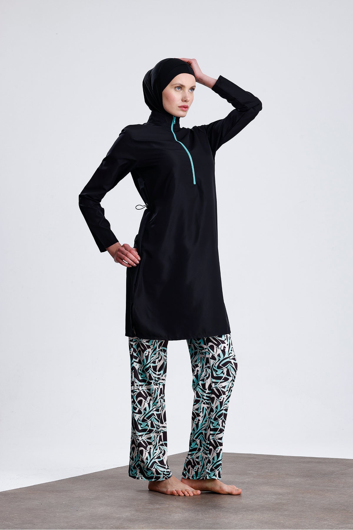 Parachute Fabric Zippered Hijab Swimsuit Patterned Stretch Fabric Pants Water Repellent - MALLTURK