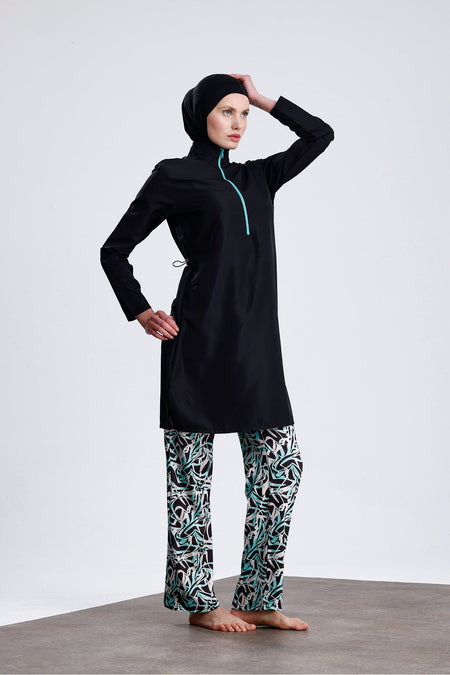 Parachute Fabric Zippered Hijab Swimsuit Patterned Stretch Fabric Pants Water Repellent - MALLTURK