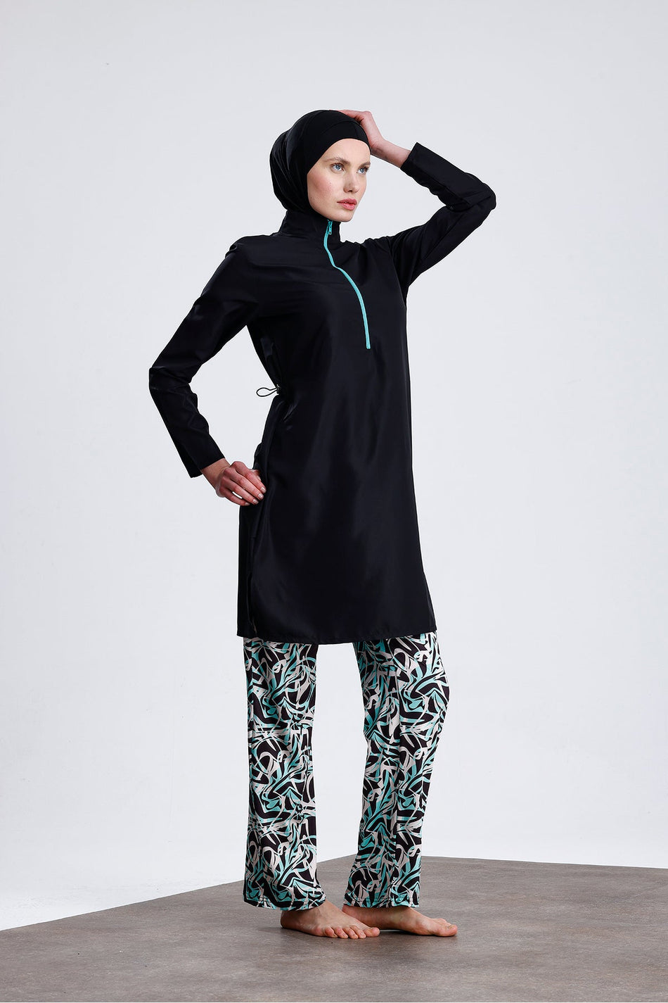 Parachute Fabric Zippered Hijab Swimsuit Patterned Stretch Fabric Pants Water Repellent - MALLTURK
