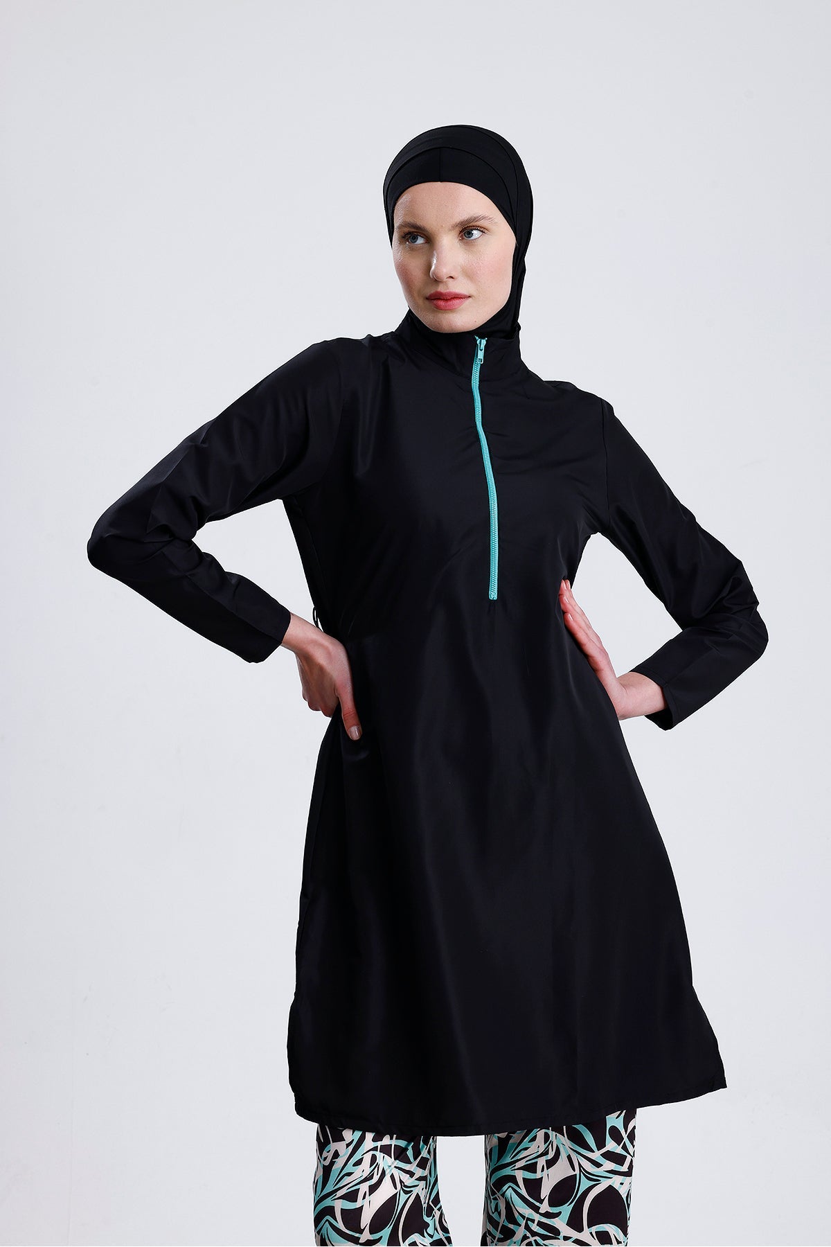 Parachute Fabric Zippered Hijab Swimsuit Patterned Stretch Fabric Pants Water Repellent - MALLTURK