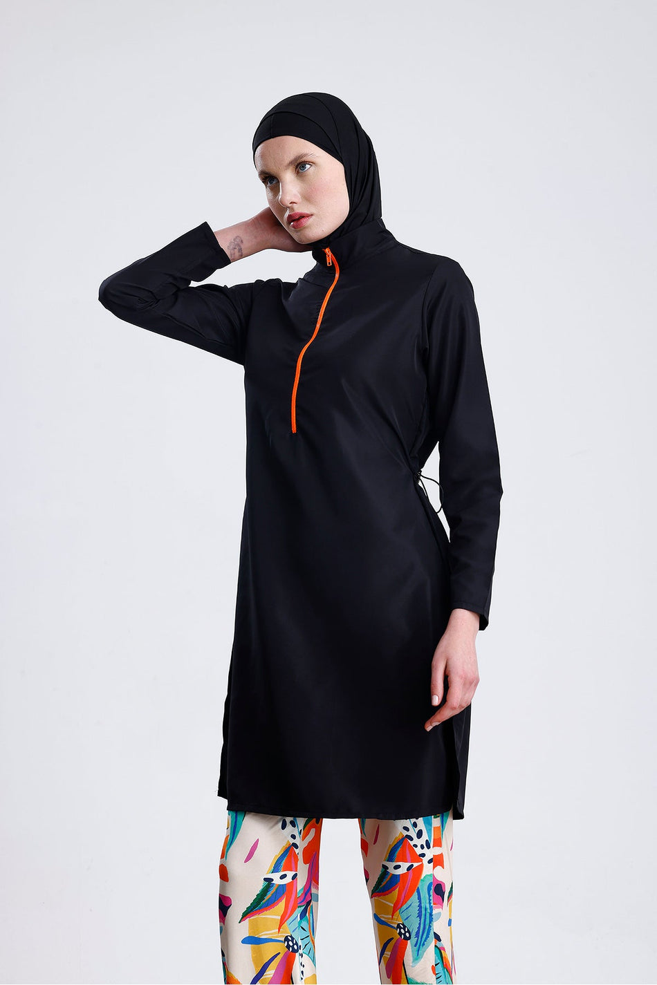 Parachute Fabric Zippered Hijab Swimsuit Patterned Stretch Fabric Pants Water Repellent - MALLTURK