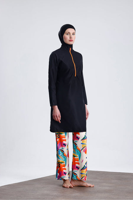 Parachute Fabric Zippered Hijab Swimsuit Patterned Stretch Fabric Pants Water Repellent - MALLTURK