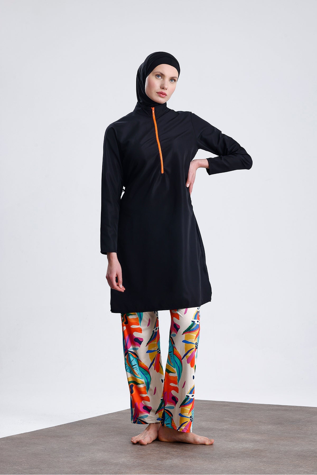 Parachute Fabric Zippered Hijab Swimsuit Patterned Stretch Fabric Pants Water Repellent - MALLTURK