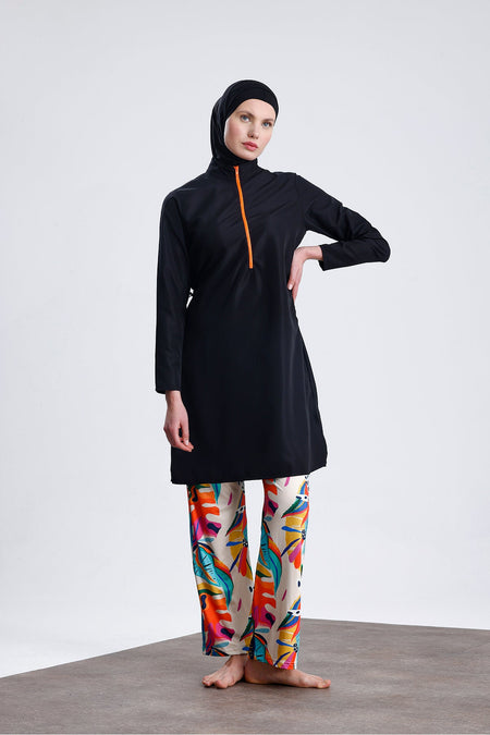 Parachute Fabric Zippered Hijab Swimsuit Patterned Stretch Fabric Pants Water Repellent - MALLTURK