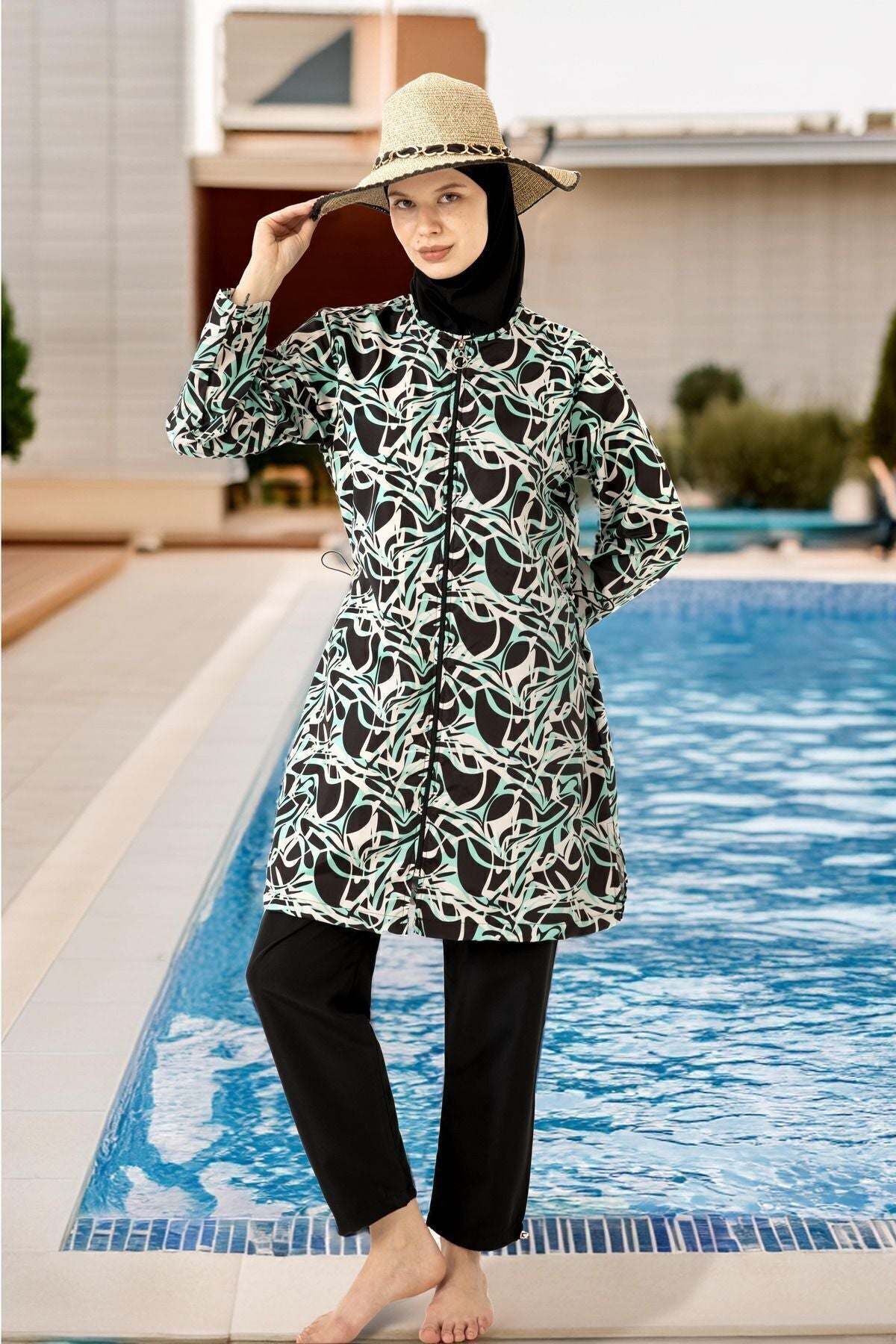 Parachute Fully Covered Hijab Swimsuit Green Black - MALLTURK