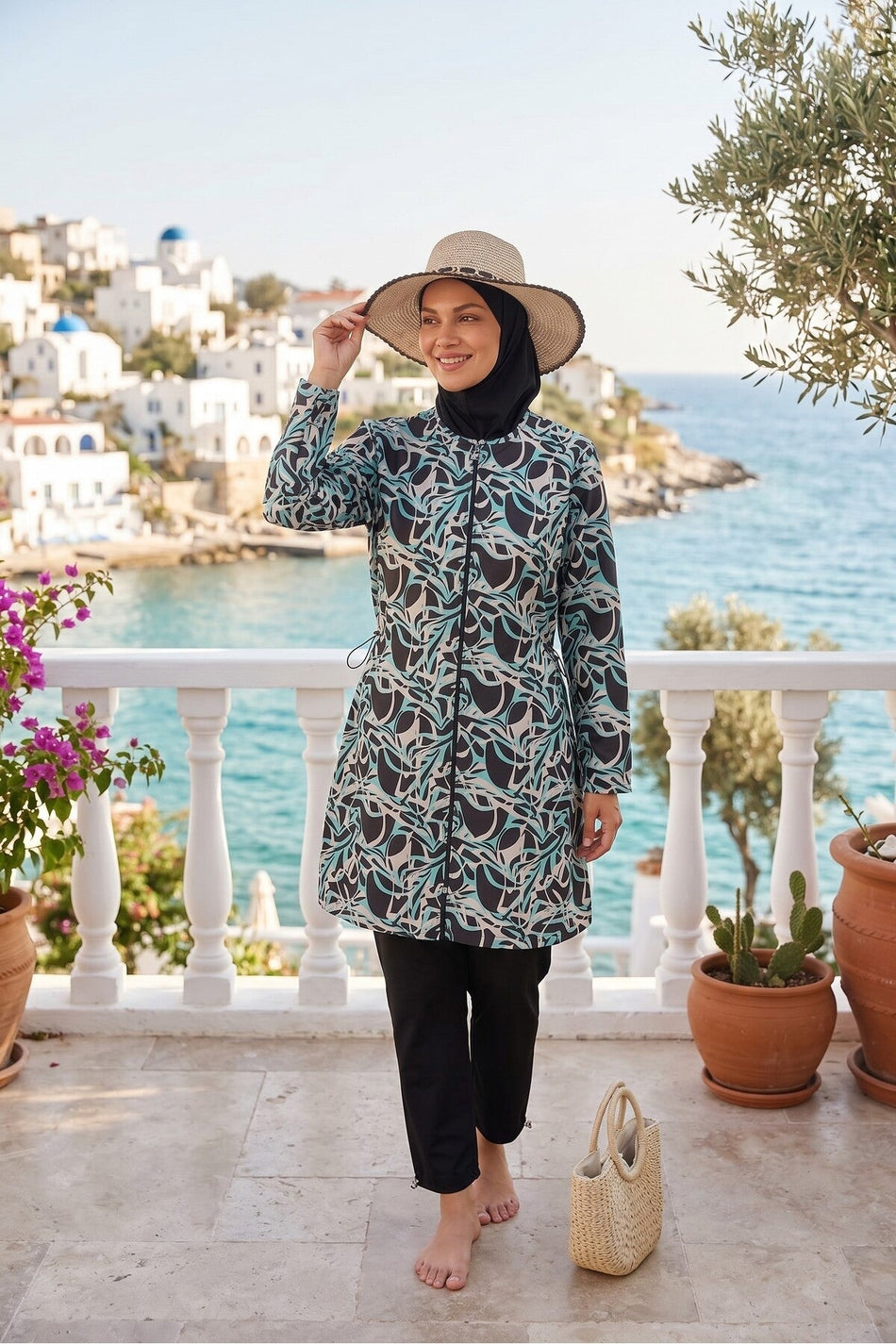 Parachute Fully Covered Hijab Swimsuit Green Black - MALLTURK