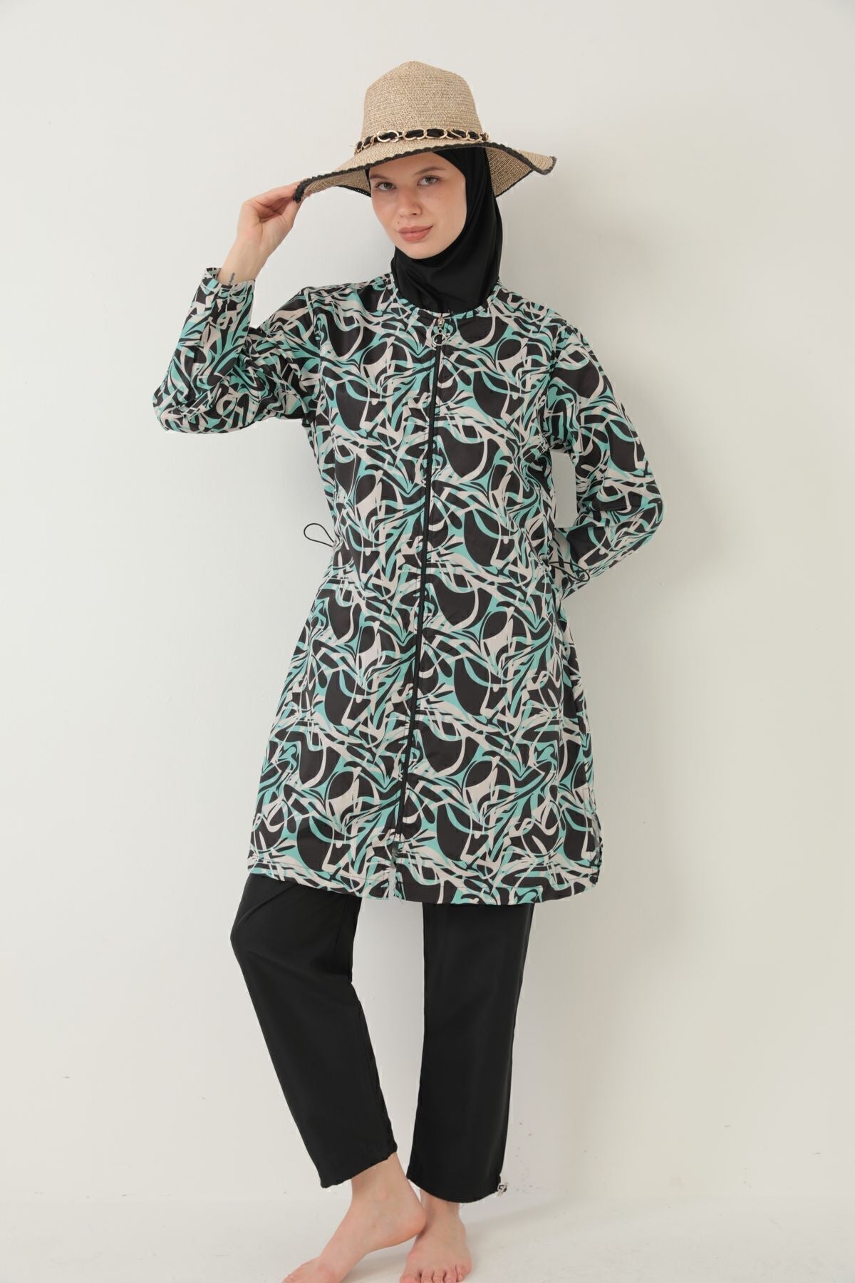 Parachute Fully Covered Hijab Swimsuit Green Black - MALLTURK