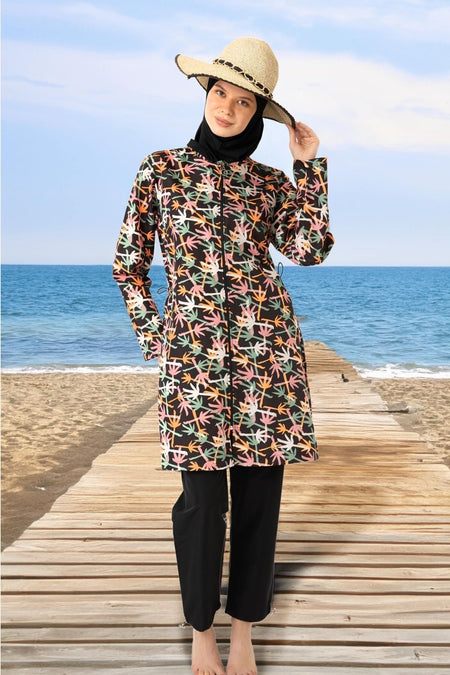Parachute Fully Covered Hijab Swimsuit Orange Black - MALLTURK