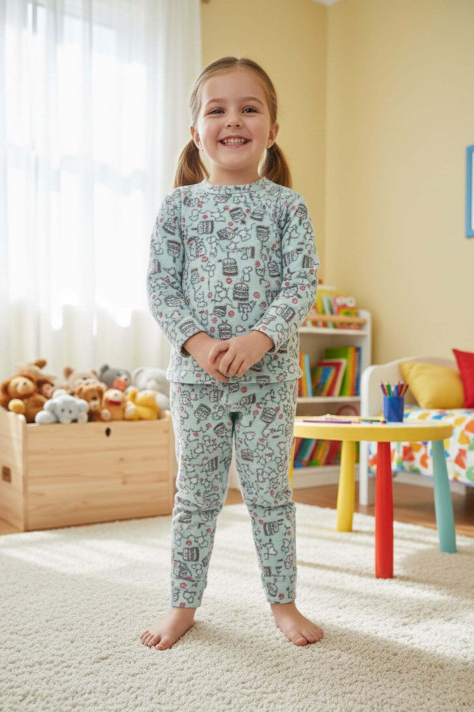 Pasta Patterned Fleece Girls' Pajama Set - MALLTURK
