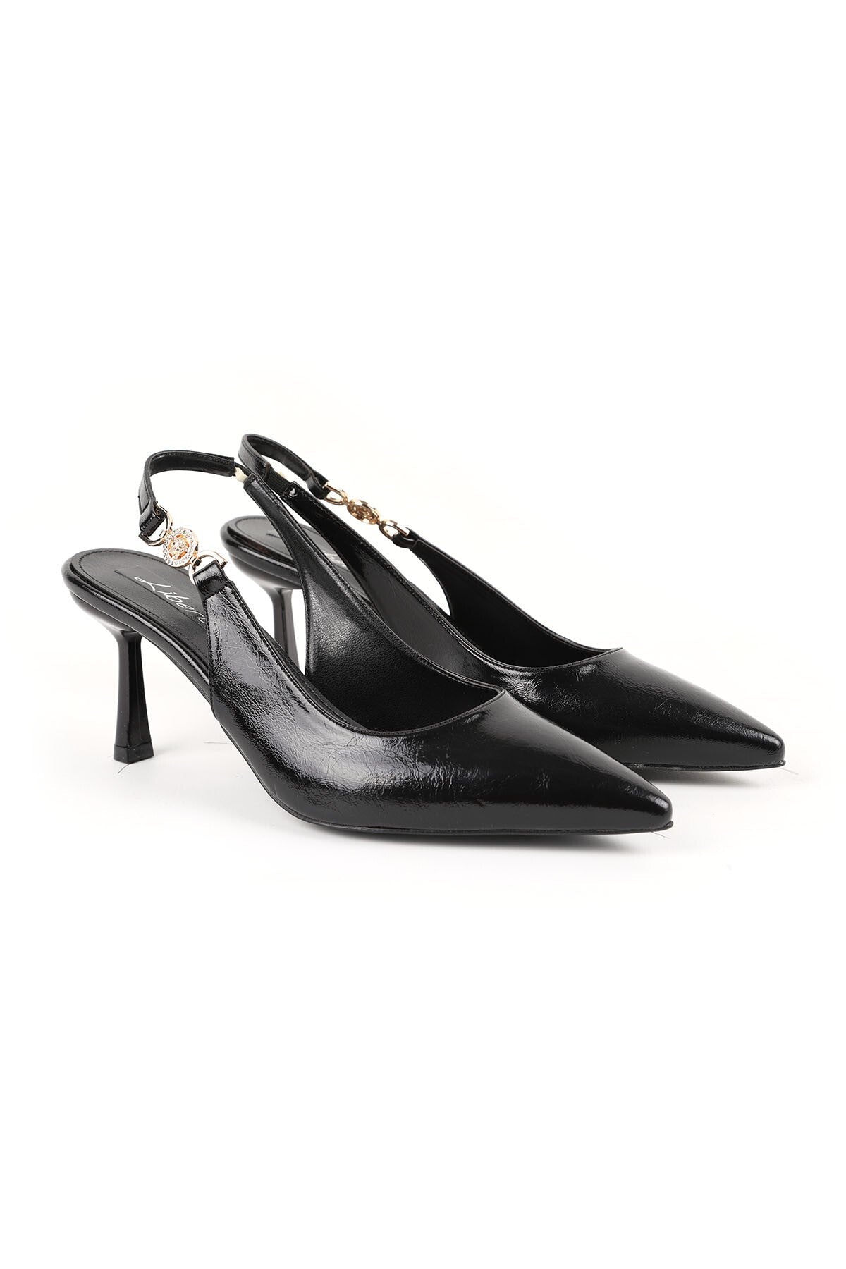 Patent Leather Heeled Shoes Pointed Toe Stone Buckle Detailed Goblet Heel Slingback Classic Office L085.K1122 - MALLTURK
