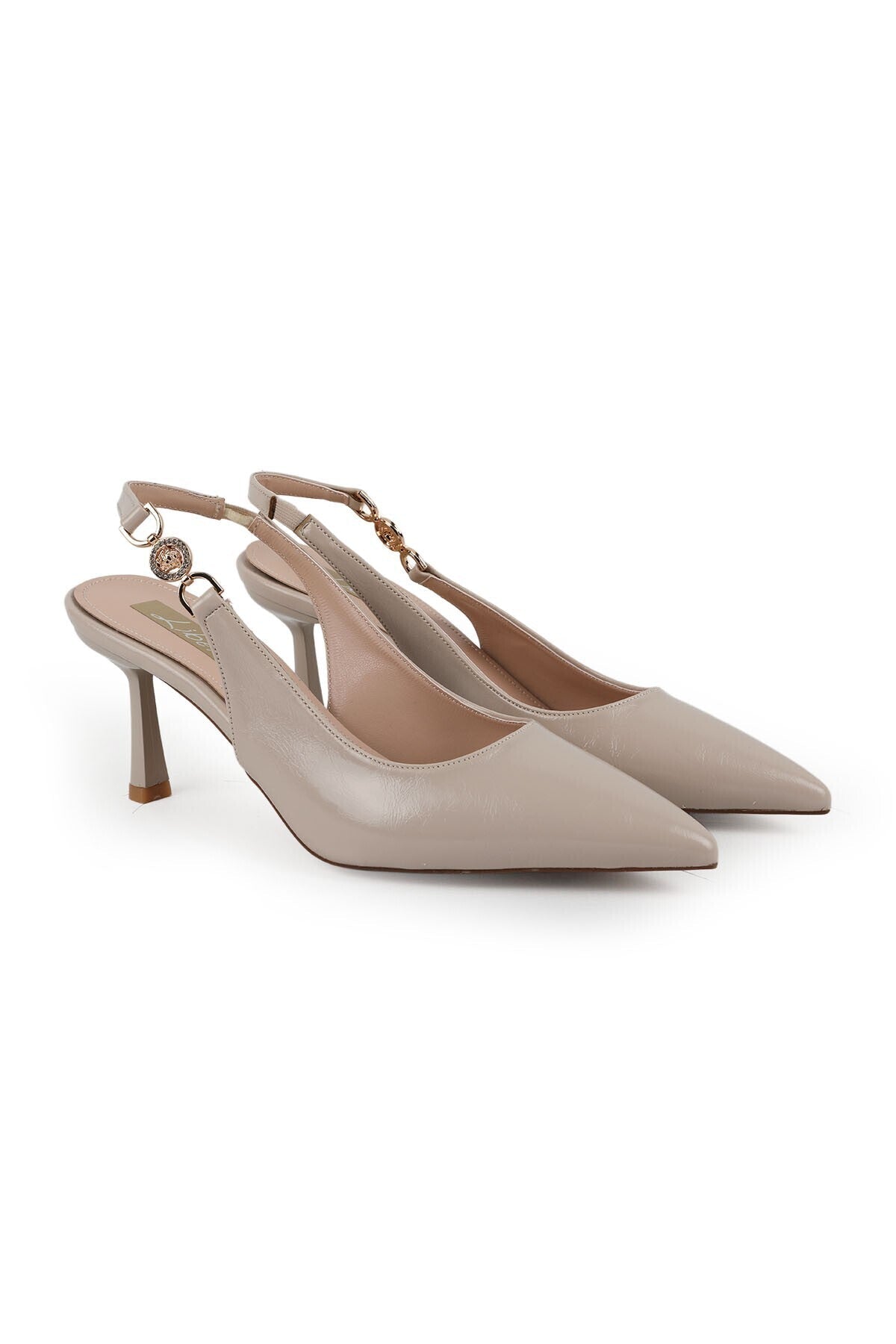 Patent Leather Heeled Shoes Pointed Toe Stone Buckle Detailed Goblet Heel Slingback Classic Office L085.K1122 - MALLTURK