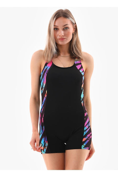 Patterned Jumpsuit Swimsuit with Shorts Swimsuit Pink Blue - MALLTURK